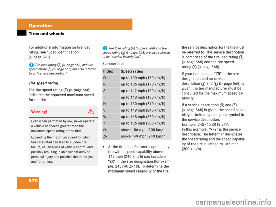 MERCEDES-BENZ S63AMG 2008 W221 Owners Manual 570 Operation
Tires and wheels
For additional information on tire load 
rating, see “Load identification” 
(
page 571).
Tire speed rating
The tire speed rating6 (
page 568) 
indicates the approv