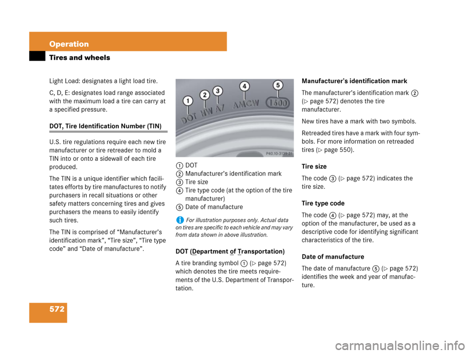 MERCEDES-BENZ S63AMG 2008 W221 User Guide 572 Operation
Tires and wheels
Light Load: designates a light load tire.
C, D, E: designates load range associated 
with the maximum load a tire can carry at 
a specified pressure.
DOT, Tire Identific