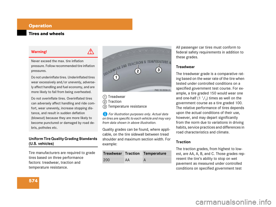 MERCEDES-BENZ S600 2008 W221 Owners Guide 574 Operation
Tires and wheels
Uniform Tire Quality Grading Standards 
(U.S. vehicles)
Tire manufacturers are required to grade 
tires based on three performance 
factors: treadwear, traction and 
tem