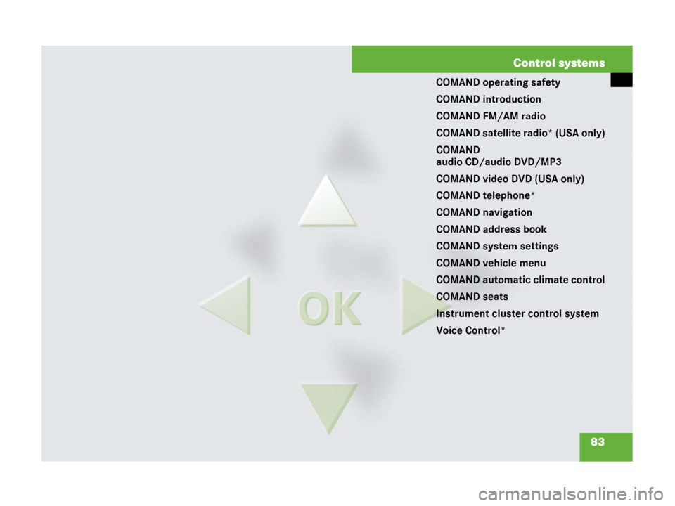 MERCEDES-BENZ S550 4MATIC 2008 W221 User Guide 83 Control systems
COMAND operating safety
COMAND introduction
COMAND FM/AM radio
COMAND satellite radio* (USA only)
COMAND 
audio CD/audio DVD/MP3
COMAND video DVD (USA only)
COMAND telephone*
COMAND