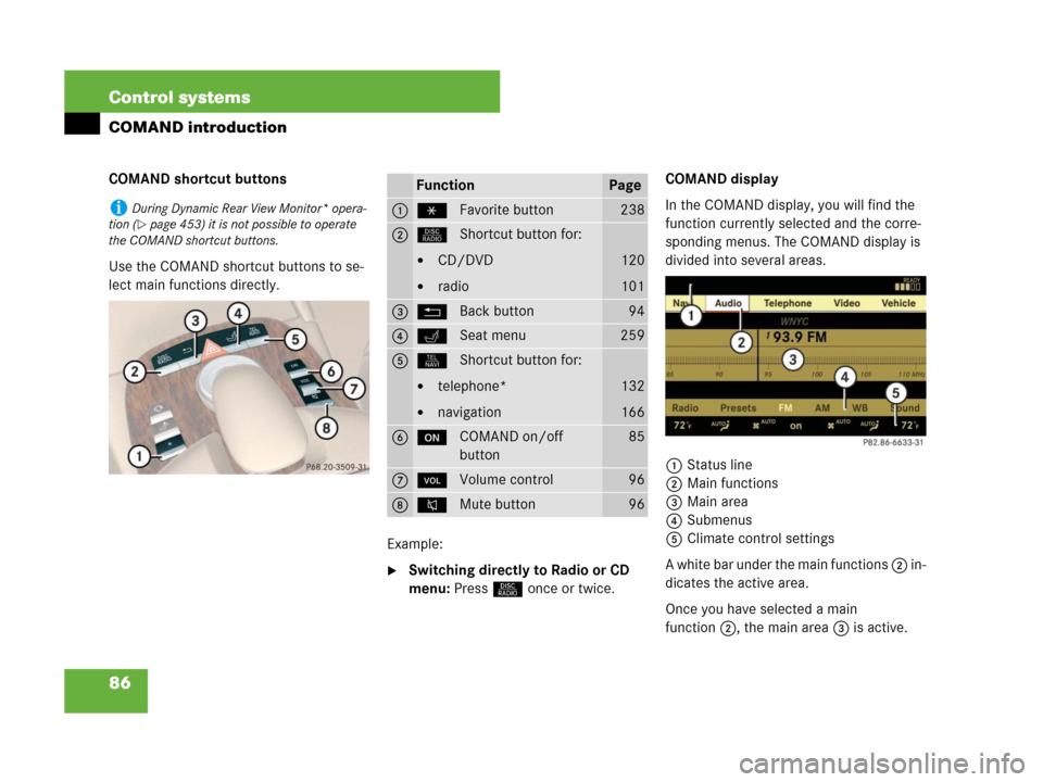 MERCEDES-BENZ S63AMG 2008 W221 Owners Manual 86 Control systems
COMAND introduction
COMAND shortcut buttons
Use the COMAND shortcut buttons to se-
lect main functions directly.
Example:
Switching directly to Radio or CD 
menu: Press M once or t