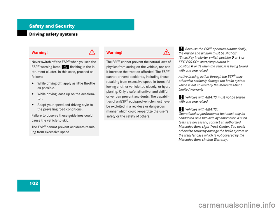 MERCEDES-BENZ R320 2008 W251 Owners Manual 102 Safety and Security
Driving safety systems
Warning!G
Never switch off the ESP® when you see the 
ESP® warning lampv flashing in the in-
strument cluster. In this case, proceed as 
follows:
Whil