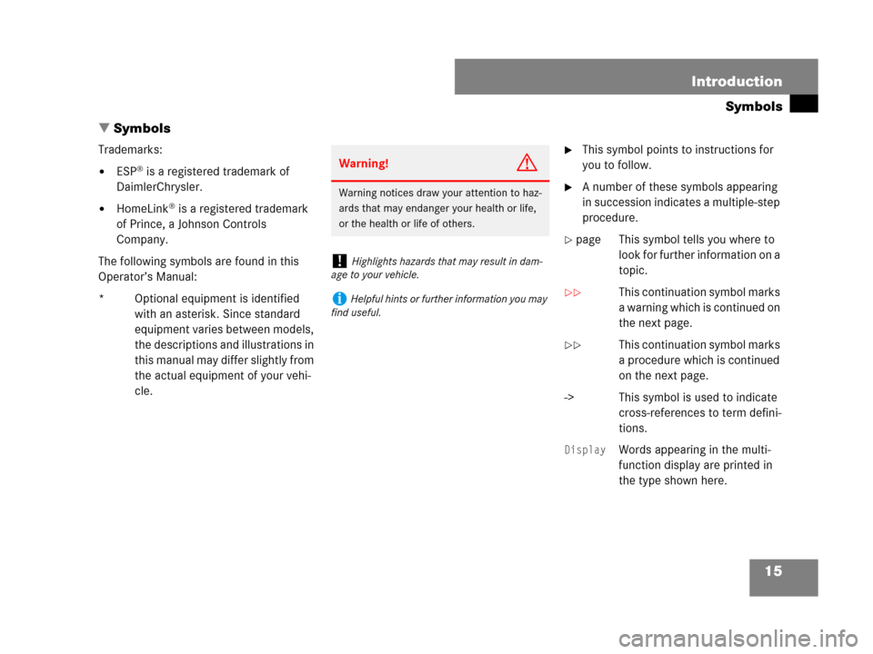 MERCEDES-BENZ R320 2008 W251 User Guide 15 Introduction
Symbols
Symbols
Trademarks:
ESP® is a registered trademark of 
DaimlerChrysler.
HomeLink® is a registered trademark 
of Prince, a Johnson Controls 
Company.
The following symbols 