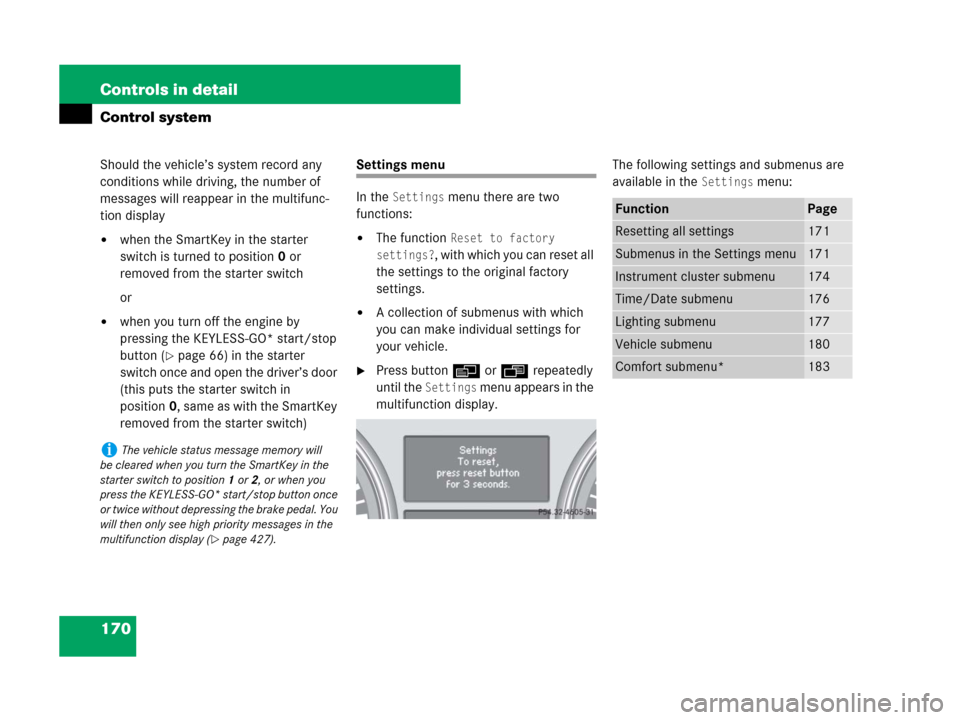 MERCEDES-BENZ R320 2008 W251 Owners Manual 170 Controls in detail
Control system
Should the vehicle’s system record any 
conditions while driving, the number of 
messages will reappear in the multifunc-
tion display
when the SmartKey in the