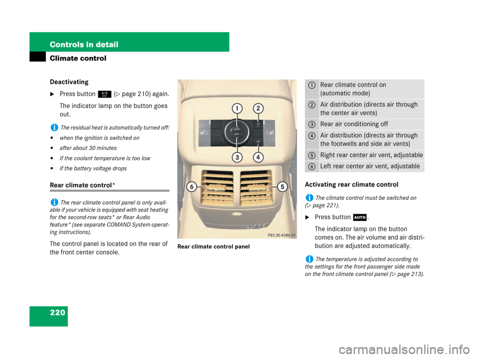 MERCEDES-BENZ R350 2008 W251 Owners Manual 220 Controls in detail
Climate control
Deactivating
Press button9 (page 210) again.
The indicator lamp on the button goes 
out.
Rear climate control*
The control panel is located on the rear of 
the