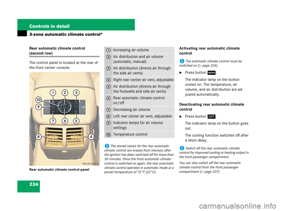 MERCEDES-BENZ R350 2008 W251 Owners Guide 236 Controls in detail
3-zone automatic climate control*
Rear automatic climate control 
(second row)
The control panel is located at the rear of 
the front center console.
Rear automatic climate cont