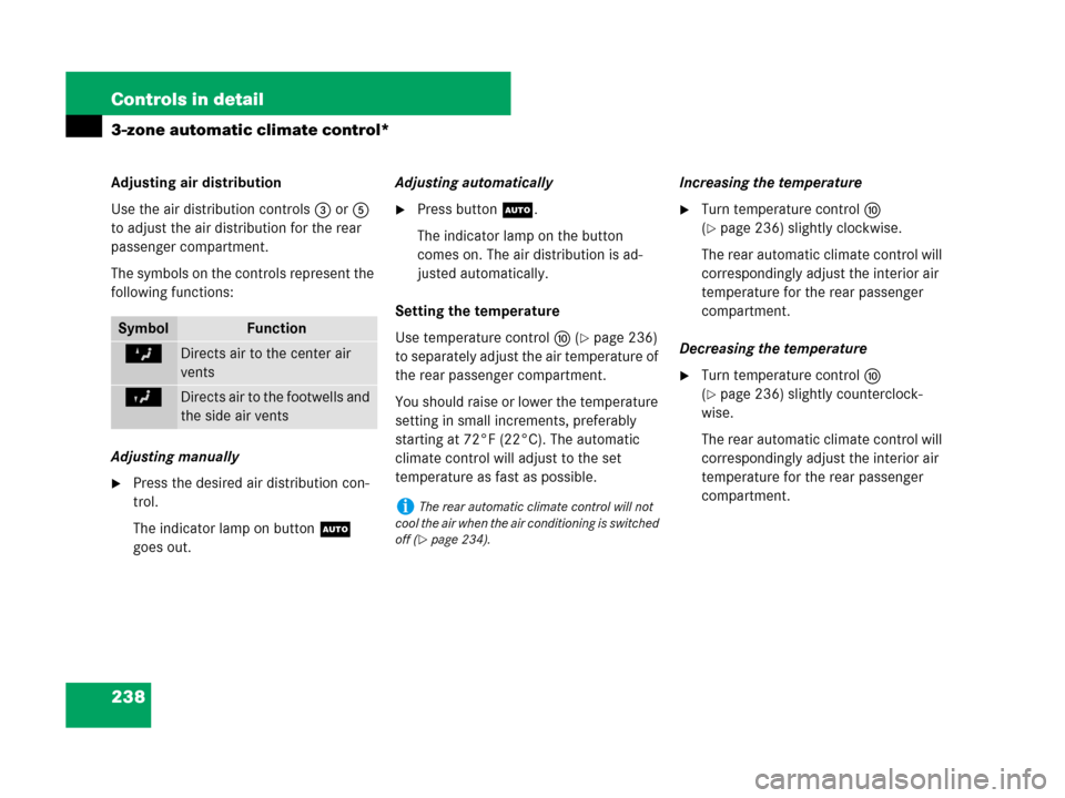 MERCEDES-BENZ R320 2008 W251 Owners Manual 238 Controls in detail
3-zone automatic climate control*
Adjusting air distribution
Use the air distribution controls3 or5 
to adjust the air distribution for the rear 
passenger compartment.
The symb