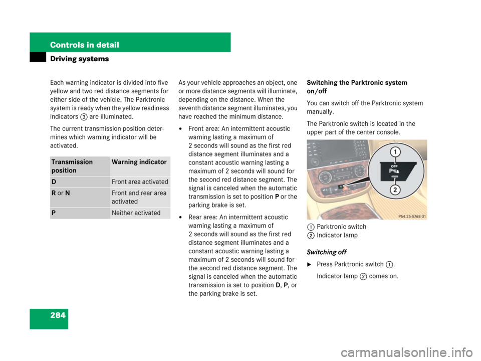 MERCEDES-BENZ R350 2008 W251 Owners Manual 284 Controls in detail
Driving systems
Each warning indicator is divided into five 
yellow and two red distance segments for 
either side of the vehicle. The Parktronic 
system is ready when the yello