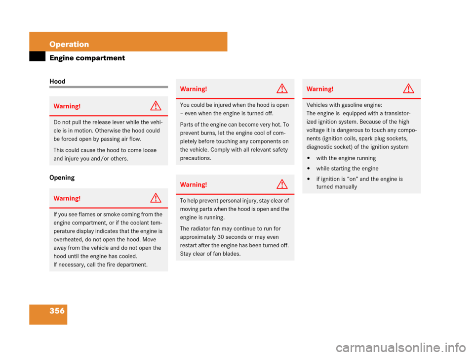 MERCEDES-BENZ R350 2008 W251 Owners Manual 356 Operation
Engine compartment
Hood
Opening
Warning!G
Do not pull the release lever while the vehi-
cle is in motion. Otherwise the hood could 
be forced open by passing air flow.
This could cause t