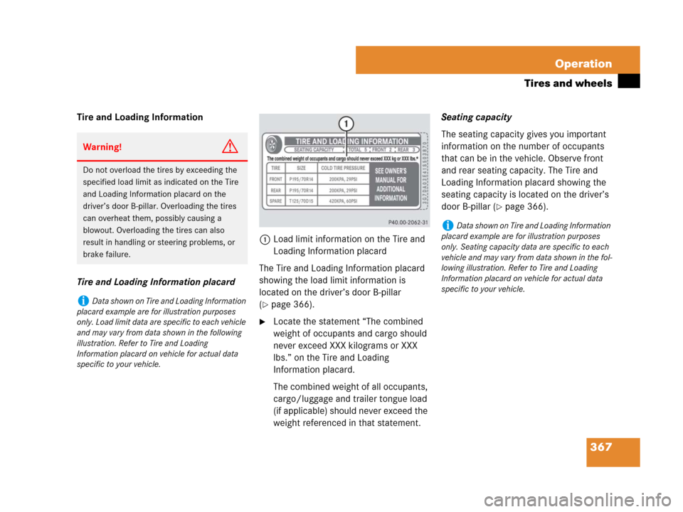 MERCEDES-BENZ R350 2008 W251 Owners Manual 367 Operation
Tires and wheels
Tire and Loading Information
Tire and Loading Information placard1Load limit information on the Tire and 
Loading Information placard 
The Tire and Loading Information p
