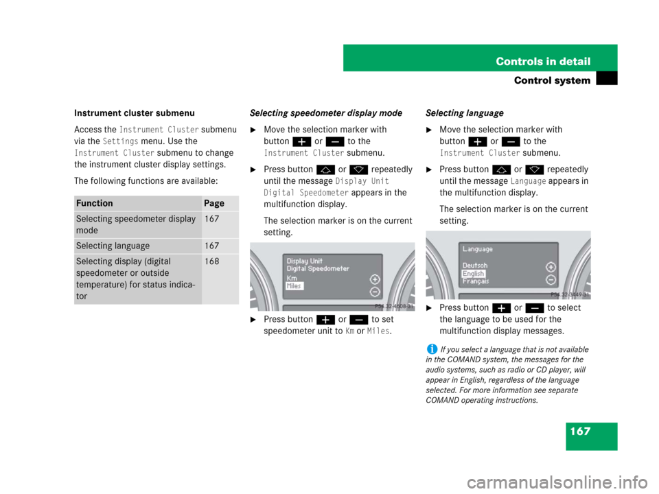 MERCEDES-BENZ ML320 2008 W164 Owners Manual 167 Controls in detail
Control system
Instrument cluster submenu
Access the 
Instrument Cluster submenu 
via the 
Settings menu. Use the 
Instrument Cluster submenu to change 
the instrument cluster d