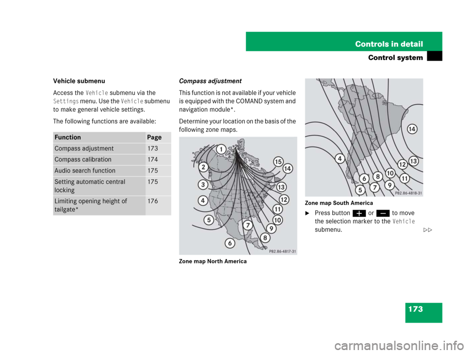 MERCEDES-BENZ ML350 2008 W164 Owners Manual 173 Controls in detail
Control system
Vehicle submenu
Access the 
Vehicle submenu via the 
Settings menu. Use the Vehicle submenu 
to make general vehicle settings.
The following functions are availab