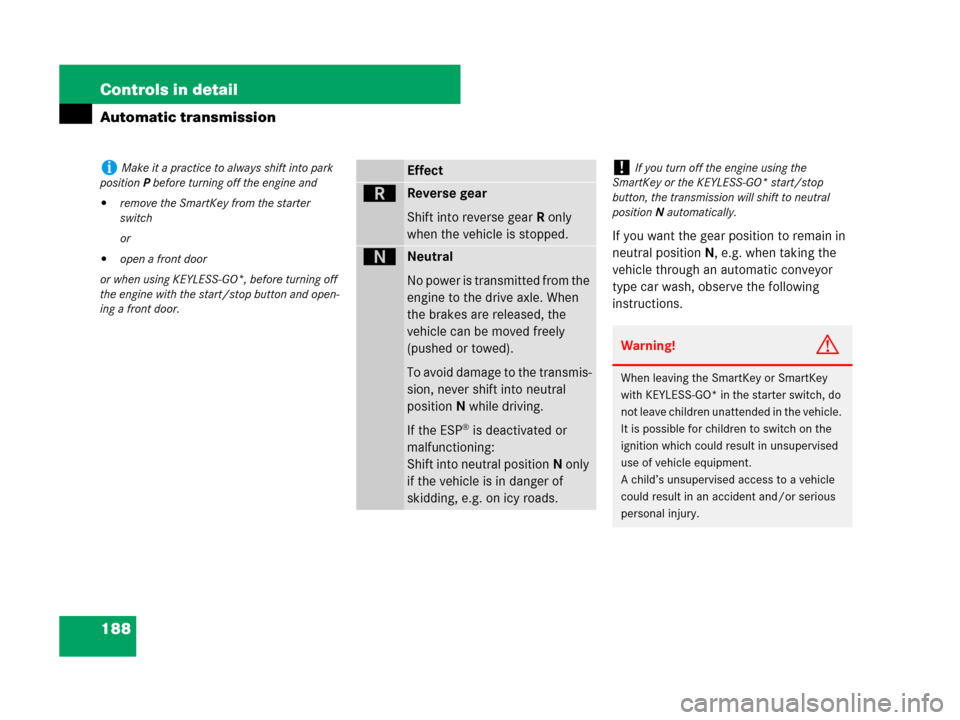 MERCEDES-BENZ ML550 2008 W164 Owners Manual 188 Controls in detail
Automatic transmission
If you want the gear position to remain in 
neutral positionN, e.g. when taking the 
vehicle through an automatic conveyor 
type car wash, observe the fol