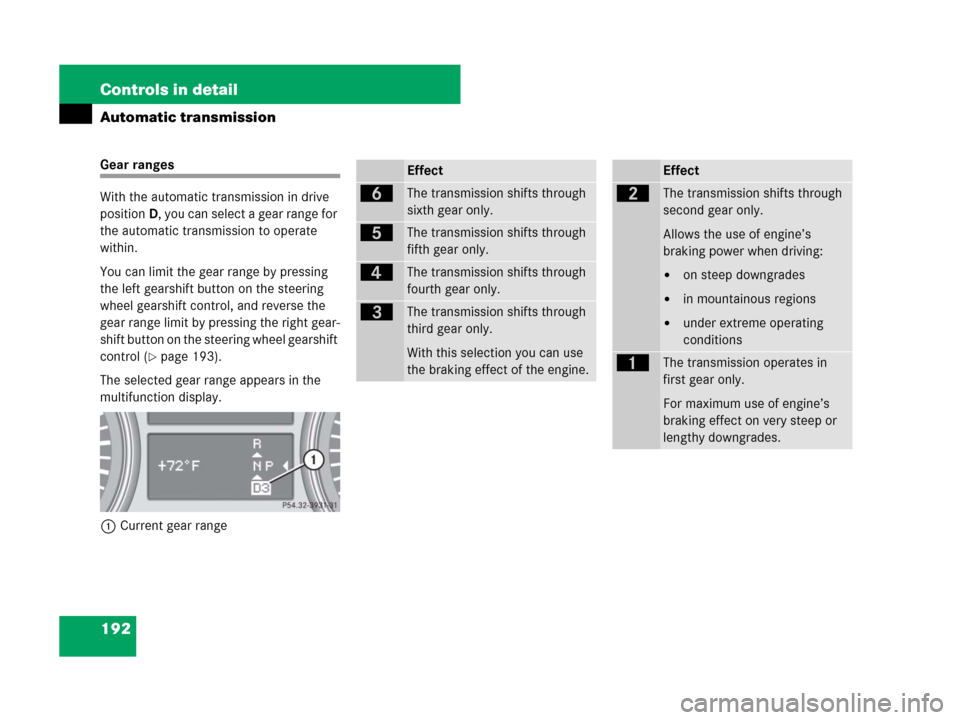 MERCEDES-BENZ ML550 2008 W164 Owners Manual 192 Controls in detail
Automatic transmission
Gear ranges
With the automatic transmission in drive 
positionD, you can select a gear range for 
the automatic transmission to operate 
within.
You can l