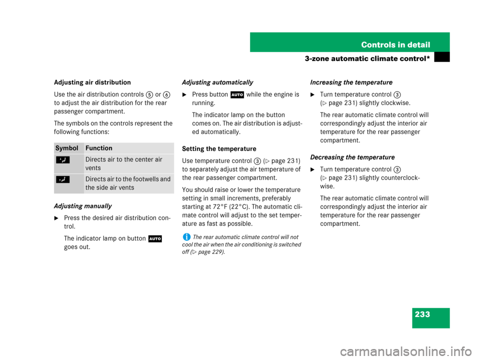 MERCEDES-BENZ ML550 2008 W164 Owners Manual 233 Controls in detail
3-zone automatic climate control*
Adjusting air distribution
Use the air distribution controls5 or6 
to adjust the air distribution for the rear 
passenger compartment.
The symb
