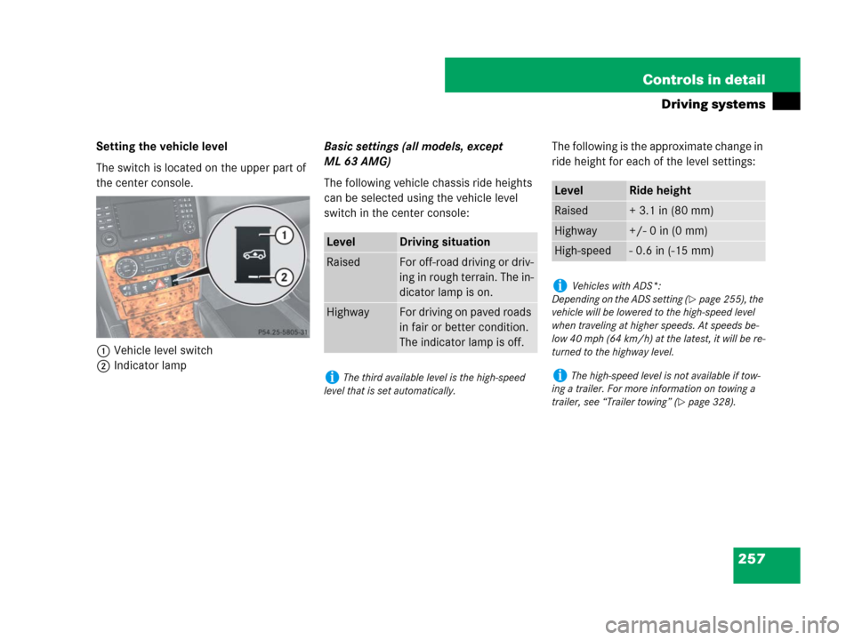 MERCEDES-BENZ ML550 2008 W164 Owners Manual 257 Controls in detail
Driving systems
Setting the vehicle level
The switch is located on the upper part of 
the center console.
1Vehicle level switch
2Indicator lampBasic settings (all models, except