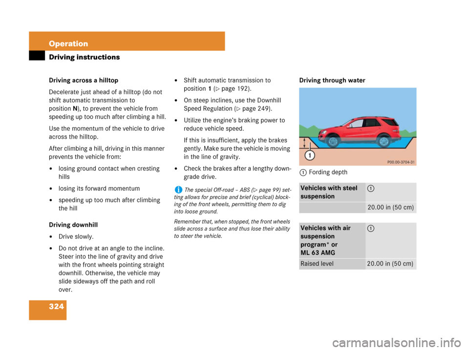 MERCEDES-BENZ ML350 2008 W164 User Guide 324 Operation
Driving instructions
Driving across a hilltop
Decelerate just ahead of a hilltop (do not 
shift automatic transmission to 
positionN), to prevent the vehicle from 
speeding up too much a