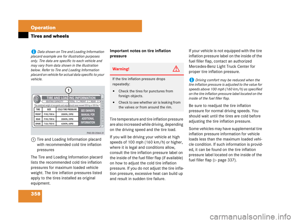 MERCEDES-BENZ ML320 2008 W164 Owners Manual 358 Operation
Tires and wheels
1Tire and Loading Information placard 
with recommended cold tire inflation 
pressures
The Tire and Loading Information placard 
lists the recommended cold tire inflatio