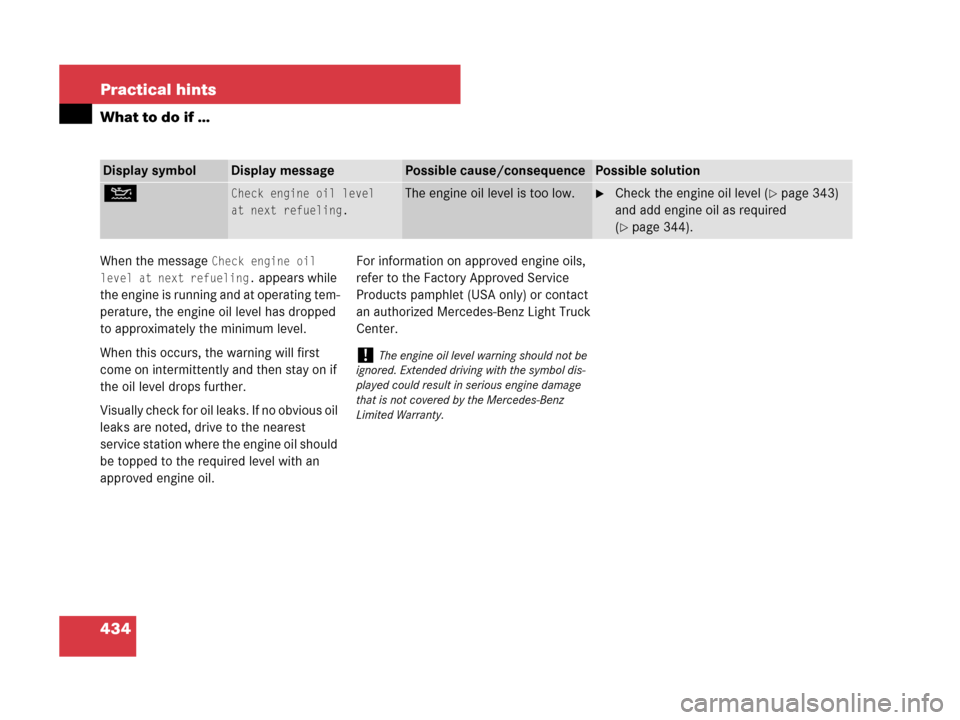 MERCEDES-BENZ ML320 2008 W164 Owners Guide 434 Practical hints
What to do if …
When the message Check engine oil 
level at next refueling.
 appears while 
the engine is running and at operating tem-
perature, the engine oil level has dropped