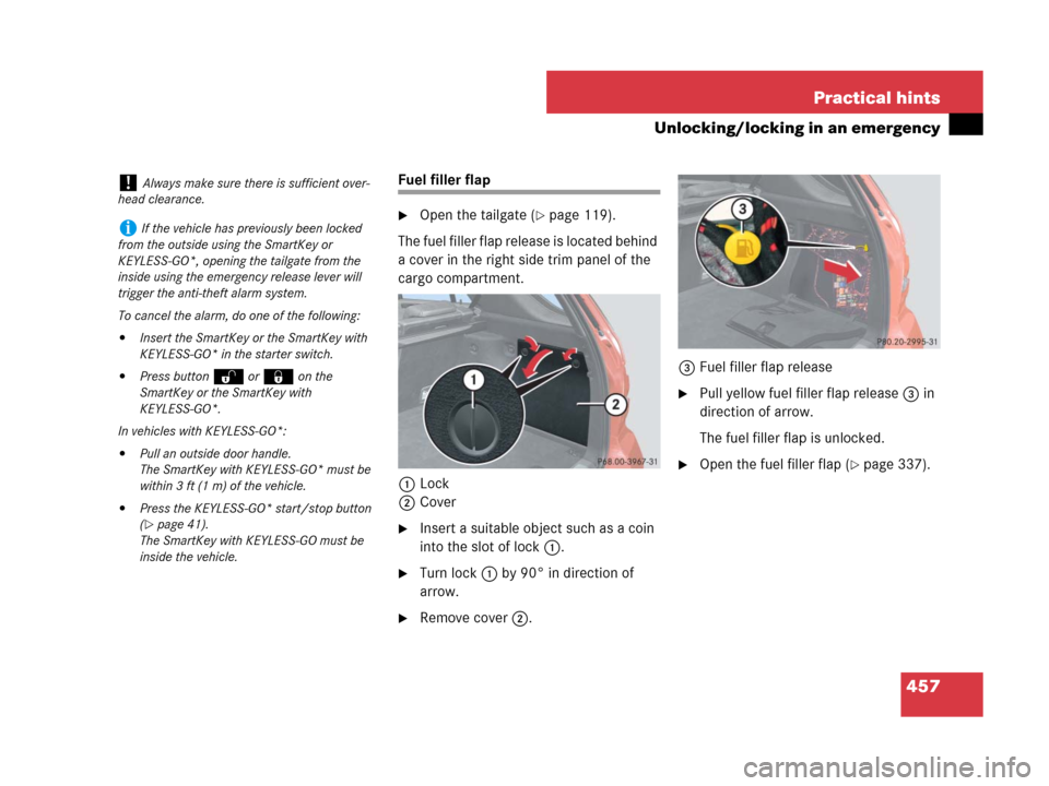 MERCEDES-BENZ ML350 2008 W164 User Guide 457 Practical hints
Unlocking/locking in an emergency
Fuel filler flap
Open the tailgate (page 119).
The fuel filler flap release is located behind 
a cover in the right side trim panel of the 
carg