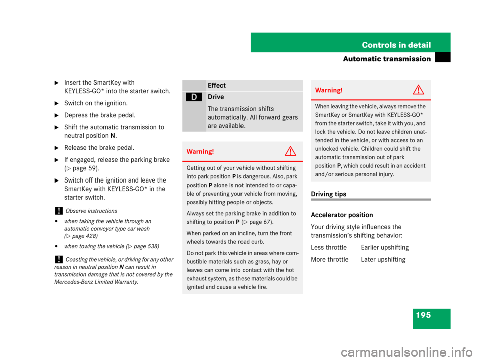 MERCEDES-BENZ GL550 2008 X164 Owners Manual 195 Controls in detail
Automatic transmission
Insert the SmartKey with 
KEYLESS-GO* into the starter switch.
Switch on the ignition.
Depress the brake pedal.
Shift the automatic transmission to 
n