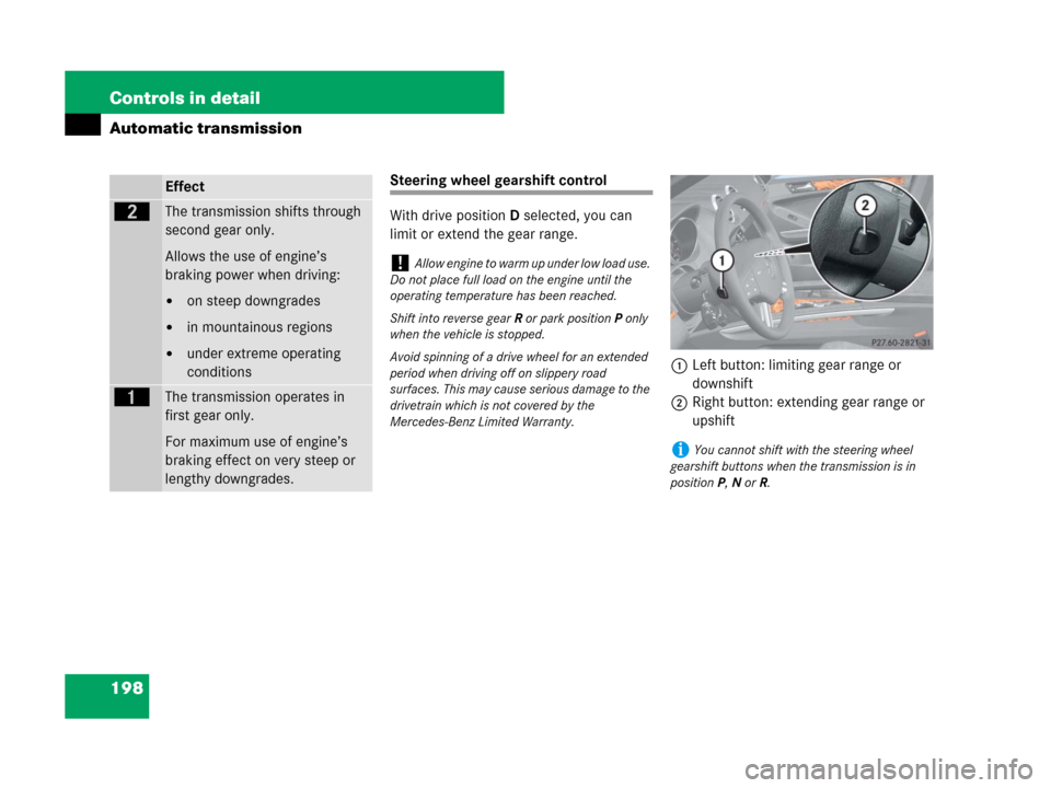 MERCEDES-BENZ GL450 2008 X164 Owners Manual 198 Controls in detail
Automatic transmission
Steering wheel gearshift control
With drive positionD selected, you can 
limit or extend the gear range.
1Left button: limiting gear range or 
downshift
2