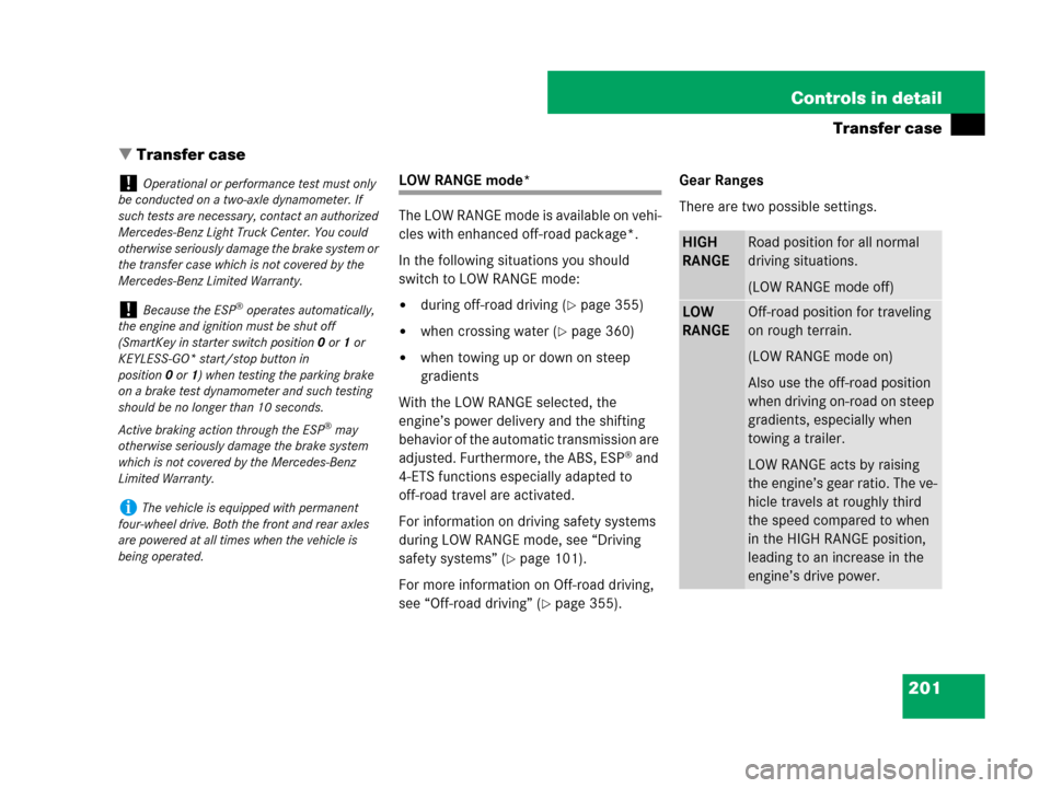 MERCEDES-BENZ GL550 2008 X164 Owners Manual 201 Controls in detail
Transfer case
Transfer case
LOW RANGE mode*
The LOW RANGE mode is available on vehi-
cles with enhanced off-road package*.
In the following situations you should 
switch to LOW