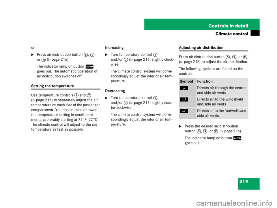 MERCEDES-BENZ GL550 2008 X164 Owners Manual 219 Controls in detail
Climate control
or
Press air distribution button5,9, 
ora (
page 216).
The indicator lamp on buttonU 
goes out. The automatic operation of 
air distribution switches off.
Sett