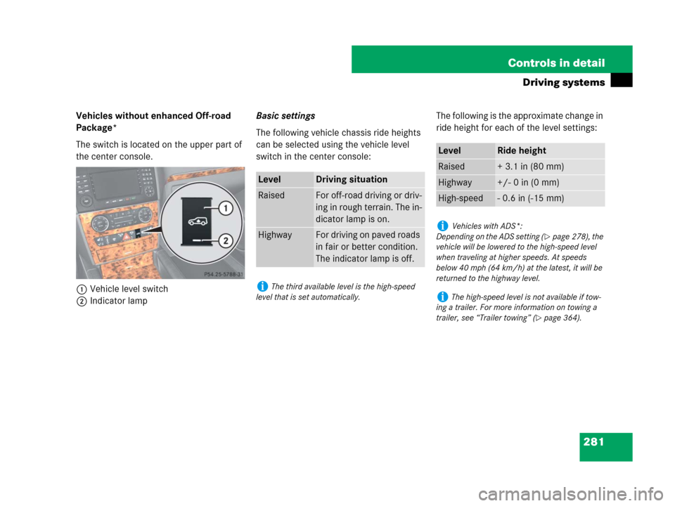 MERCEDES-BENZ GL320 2008 X164 Owners Manual 281 Controls in detail
Driving systems
Vehicles without enhanced Off-road 
Package*
The switch is located on the upper part of 
the center console.
1Vehicle level switch
2Indicator lampBasic settings
