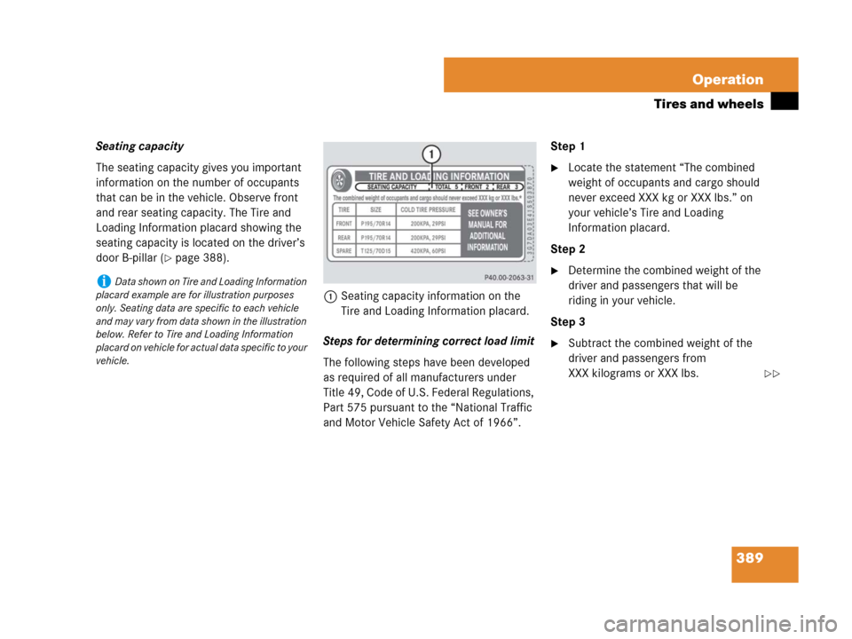 MERCEDES-BENZ GL450 2008 X164 Owners Manual 389 Operation
Tires and wheels
Seating capacity
The seating capacity gives you important 
information on the number of occupants 
that can be in the vehicle. Observe front 
and rear seating capacity. 