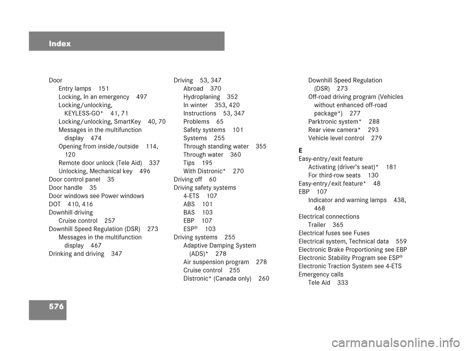 MERCEDES-BENZ GL550 2008 X164 User Guide 576 Index
Door
Entry lamps 151
Locking, In an emergency 497
Locking/unlocking, 
KEYLESS-GO* 41, 71
Locking/unlocking, SmartKey 40, 70
Messages in the multifunction 
display 474
Opening from inside/out