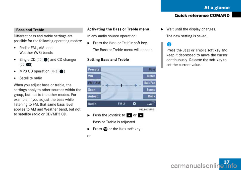 MERCEDES-BENZ G-Class 2008 W463 Comand Manual 37 At a glance
Quick reference COMAND
Different bass and treble settings are 
possible for the following operating modes:
Radio: FM-, AM- and 
Weather (WB) bands
Single CD (CD) and CD changer 
(
CD)