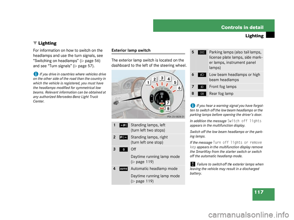 MERCEDES-BENZ G55AMG 2008 W463 Owners Manual 117
Controls in detail
Lighting
 Lighting
For information on how to switch on the 
headlamps and use the turn signals, see 
“Switching on headlamps” (
page 56) 
and see “Turn signals” (
pag