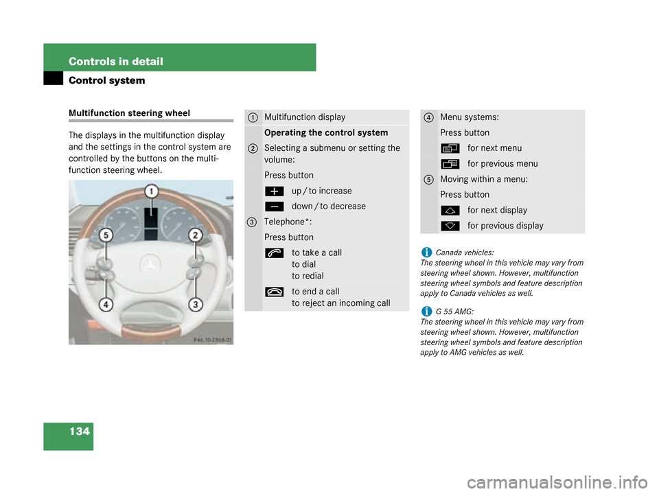 MERCEDES-BENZ G55AMG 2008 W463 Owners Manual 134 Controls in detail
Control system
Multifunction steering wheel
The displays in the multifunction display 
and the settings in the control system are 
controlled by the buttons on the multi-
functi