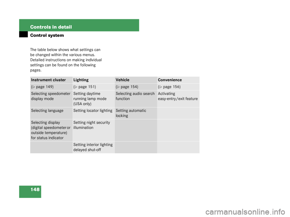 MERCEDES-BENZ G500 2008 W463 Owners Manual 148 Controls in detail
Control system
The table below shows what settings can 
be changed within the various menus. 
Detailed instructions on making individual 
settings can be found on the following 