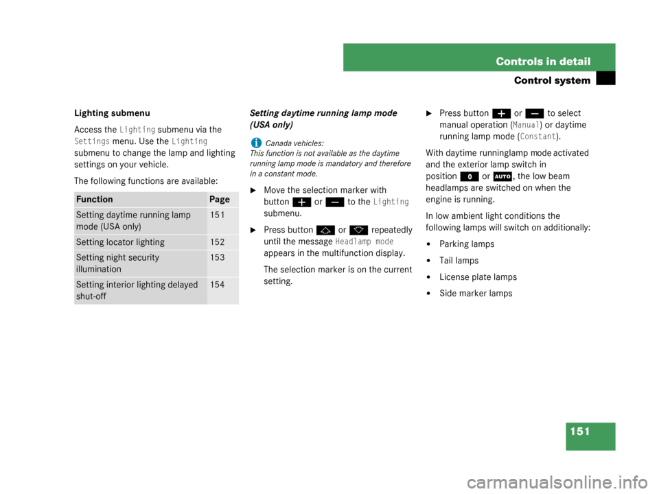 MERCEDES-BENZ G500 2008 W463 Owners Guide 151
Controls in detail
Control system
Lighting submenu
Access the 
Lighting submenu via the 
Settings menu. Use the Lighting 
submenu to change the lamp and lighting 
settings on your vehicle.
The fol