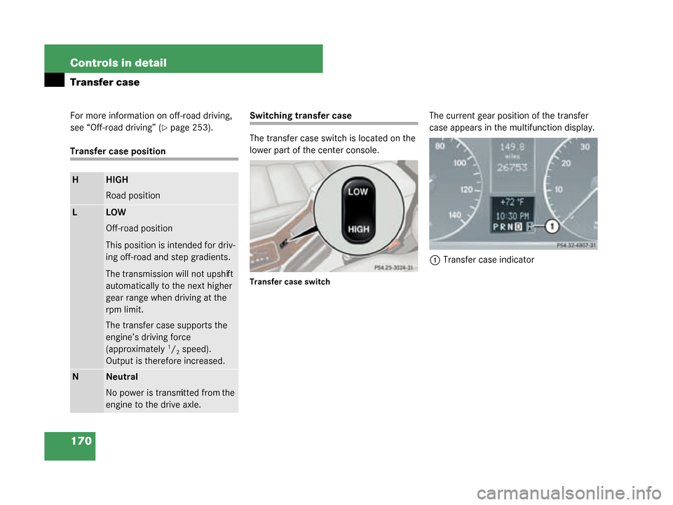 MERCEDES-BENZ G500 2008 W463 User Guide 170 Controls in detail
Transfer case
For more information on off-road driving, 
see “Off-road driving” (
page 253).
Transfer case position
Switching transfer case
The transfer case switch is loca