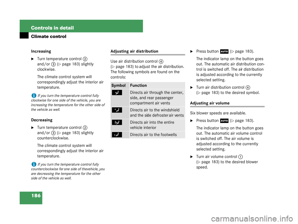 MERCEDES-BENZ G55AMG 2008 W463 Owners Manual 186 Controls in detail
Climate control
Increasing
Turn temperature control2 
and/or 3 (
page 183) slightly 
clockwise.
The climate control system will 
correspondingly adjust the interior air 
tempe
