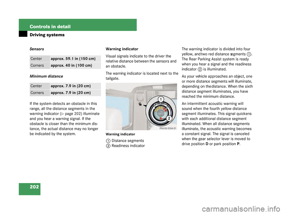 MERCEDES-BENZ G55AMG 2008 W463 Owners Manual 202 Controls in detail
Driving systems
Sensors
Minimum distance
If the system detects an obstacle in this 
range, all the distance segments in the 
warning indicator (
page 202) illuminate 
and you h