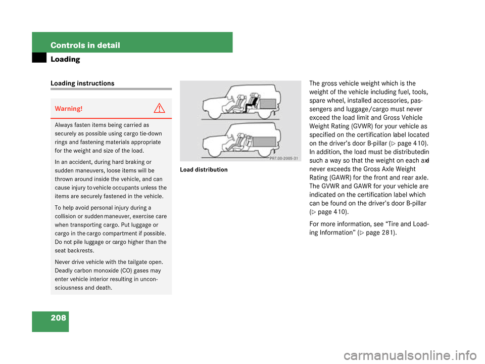 MERCEDES-BENZ G55AMG 2008 W463 Owners Manual 208 Controls in detail
Loading
Loading instructions
Load distribution
The gross vehicle weight which is the 
weight of the vehicle including fuel, tools, 
spare wheel, installed accessories, pas-
seng