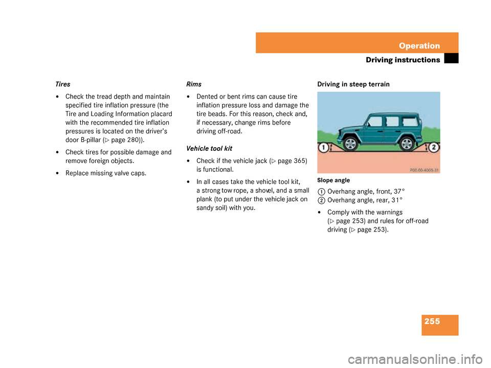 MERCEDES-BENZ G500 2008 W463 Owners Manual 255
Operation
Driving instructions
Tires
Check the tread depth and maintain 
specified tire inflation pressure (the 
Tire and Loading Information placard 
with the recommended tire inflation 
pressur