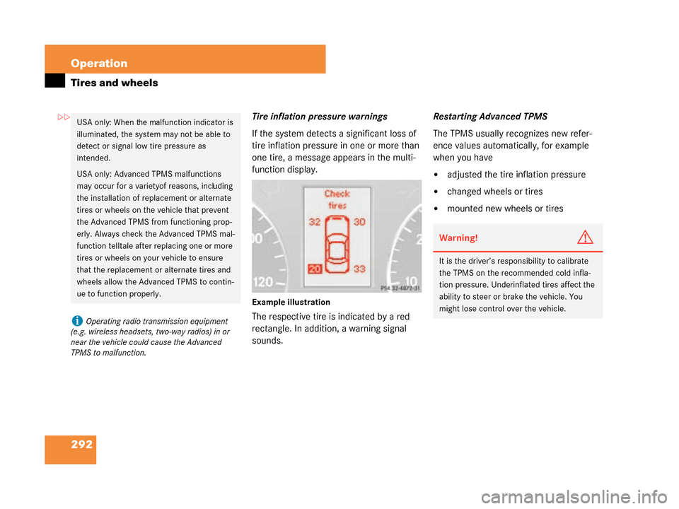 MERCEDES-BENZ G500 2008 W463 Owners Guide 292 Operation
Tires and wheels
Tire inflation pressure warnings
If the system detects a significant loss of 
tire inflation pressure in one or more than 
one tire, a message appears in the multi-
func