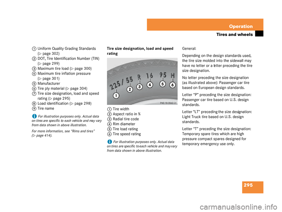 MERCEDES-BENZ G500 2008 W463 Owners Manual 295
Operation
Tires and wheels
1
Uniform Quality Grading Standards 
(
page 302)
2 DOT, Tire Identification Number (TIN) 
(
page 299)
3 Maximum tire load (
page 300)
4 Maximum tire inflation pressur
