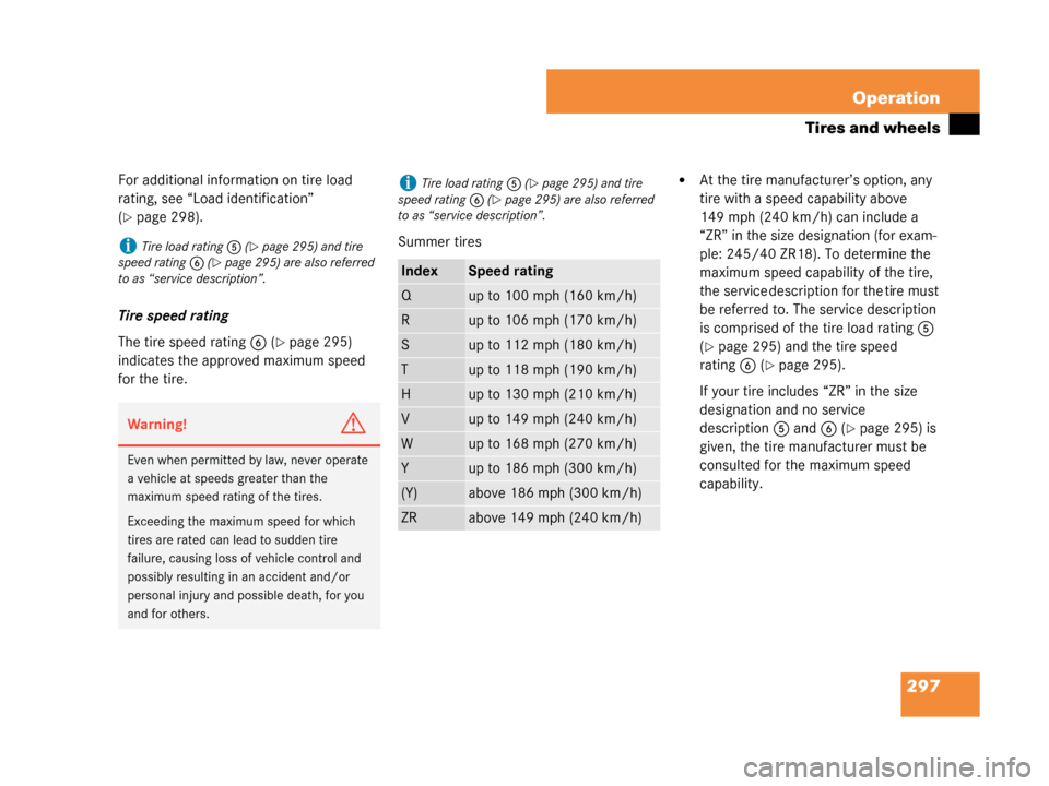 MERCEDES-BENZ G500 2008 W463 Owners Manual 297
Operation
Tires and wheels
For additional information on tire load 
rating, see “Load identification” 
(
page 298).
Tire speed rating
The tire speed rating 6 (
page 295) 
indicates the appro