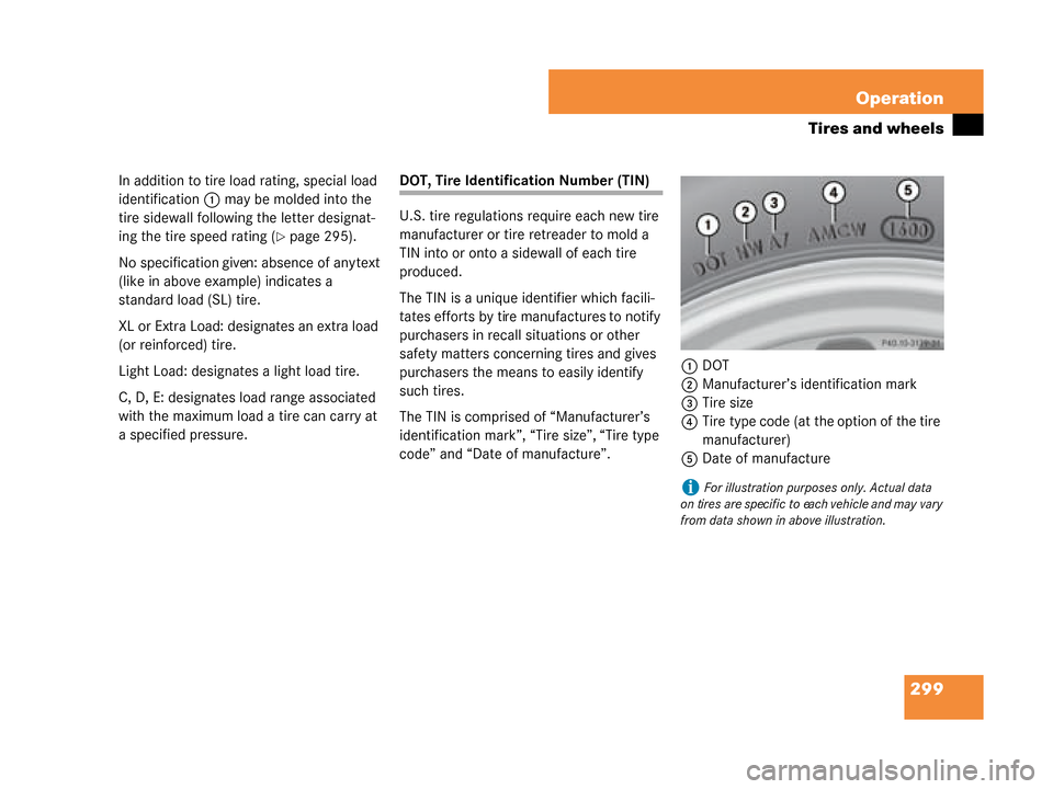 MERCEDES-BENZ G500 2008 W463 Owners Manual 299
Operation
Tires and wheels
In addition to tire load rating, special load 
identification
1 may be molded into the 
tire sidewall following the letter designat-
ing the tire speed rating  (
page 2