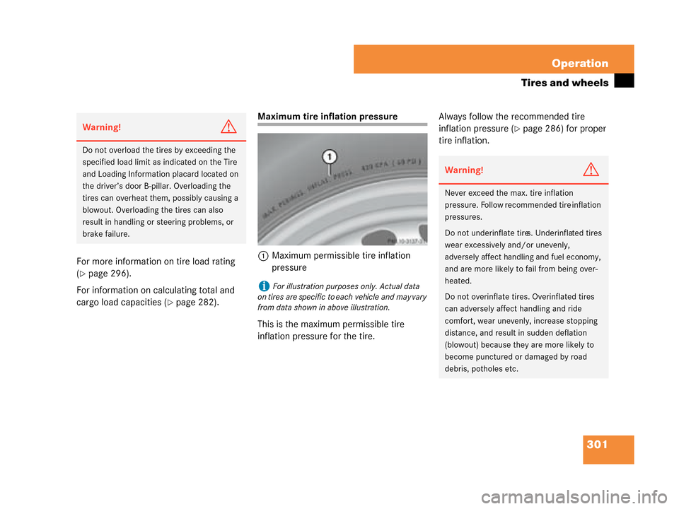 MERCEDES-BENZ G500 2008 W463 Owners Manual 301
Operation
Tires and wheels
For more information on tire load rating 
(
page 296).
For information on calculating total and 
cargo load capacities (
page 282).
Maximum tire inflation pressure
1 M