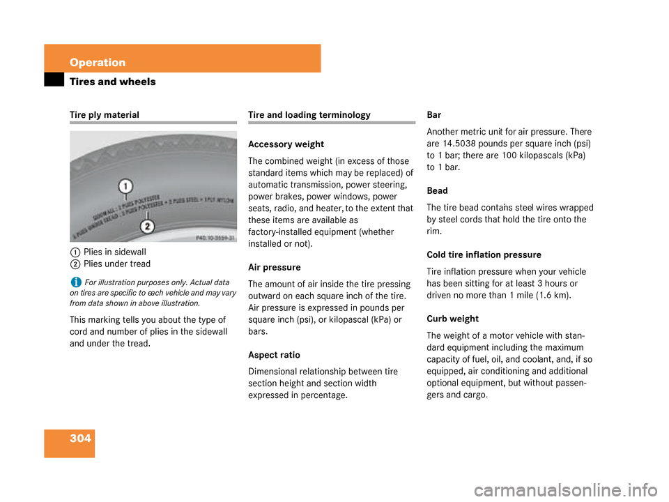 MERCEDES-BENZ G55AMG 2008 W463 Owners Manual 304 Operation
Tires and wheels
Tire ply material1 Plies in sidewall
2 Plies under tread
This marking tells you about the type of 
cord and number of plies in the sidewall 
and under the tread.Tire and