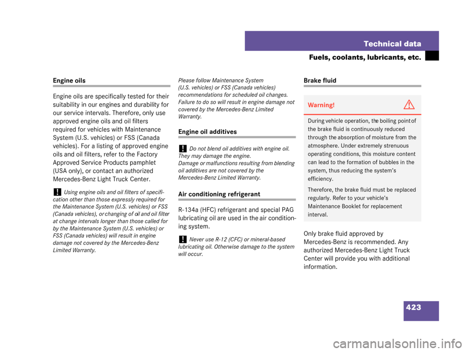 MERCEDES-BENZ G55AMG 2008 W463 Owners Manual 423
Technical data
Fuels, coolants, lubricants, etc.
Engine oils
Engine oils are specifically tested for their 
suitability in our engines and durability for 
our service intervals. Therefore, only us