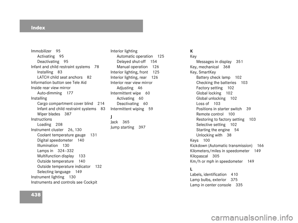 MERCEDES-BENZ G500 2008 W463 Owners Manual 438 Index
Immobilizer 95Activating 95
Deactivating 95
Infant and child restraint systems 78 Installing 83
LATCH child seat anchors 82
Information button see Tele Aid
Inside rear view mirror Auto-dimmi