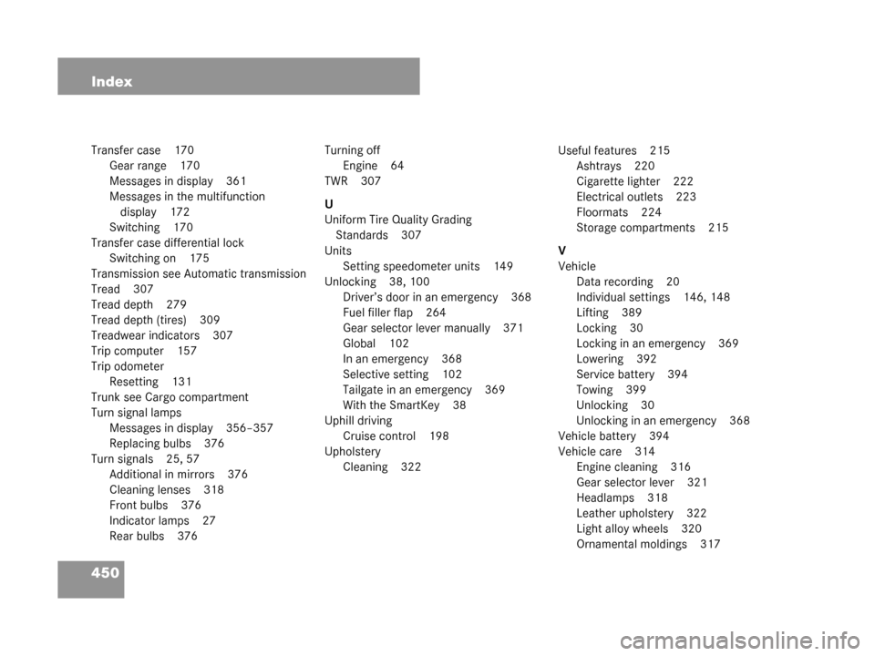 MERCEDES-BENZ G55AMG 2008 W463 Owners Manual 450 Index
Transfer case 170Gear range 170
Messages in display 361
Messages in the multifunction display 172
Switching 170
Transfer case differential lock Switching on 175
Transmission see Automatic tr